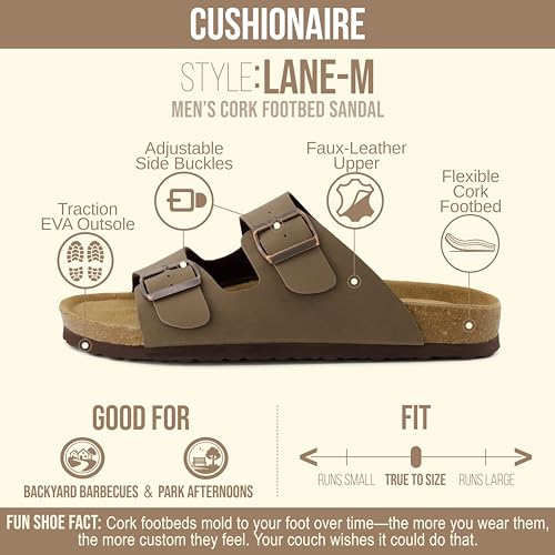 Image of CUSHIONAIRE Lane Cork Footbed Mens Sandals, Adjustable Buckle Comfort Slides for Men, Genuine Leather Insole Summer Sandals Men Footwear