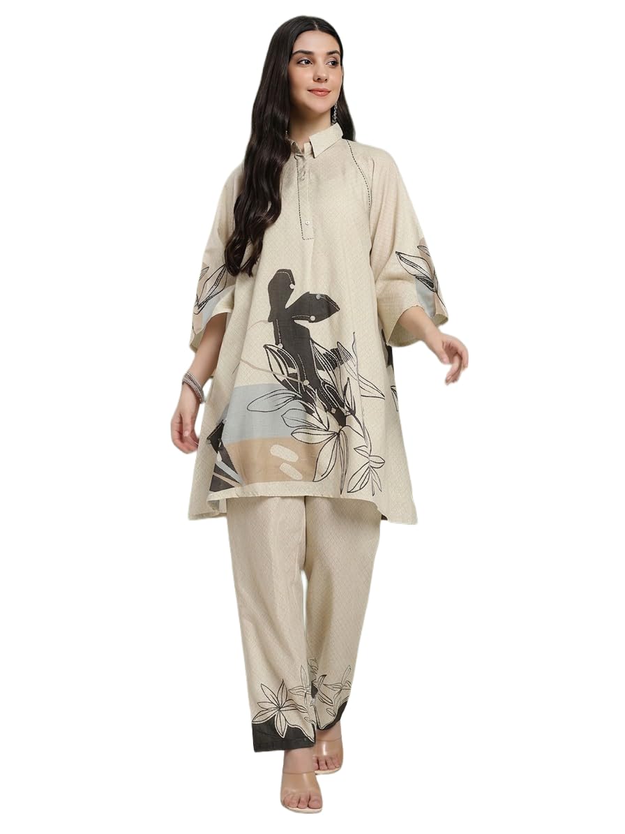 rangatt couture Women’s Beige Abstract Floral Printed Co-ord Set | Collared Tunic Top with Straight Pants | 3/4 Sleeves | Cotton Fabric | Office, Casual & Summer Wear-picture-29