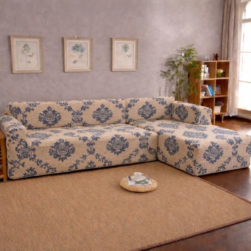 Image of Gifts Island Premium 160GSM Super Soft Beige Damask Stretchable Sofa Cover L Shape 6 Seater Fully Covered | Suitable for Both Left and Right Side Chaise Sofa (Beige Damask, 3+3 Seater)