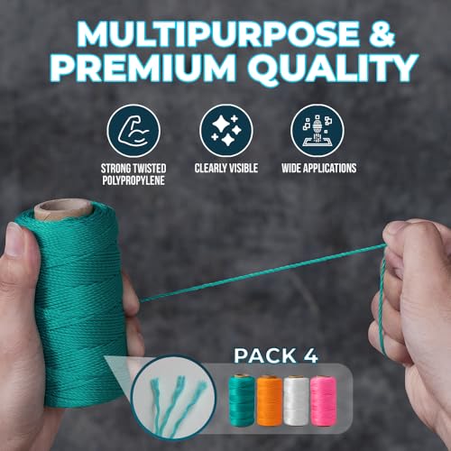 Image of Mason Line String 260FT, 780FT, 390FT, 1500FT, 2300FT, Durable Construction Twine for Laying Bricks, Blocks, Fences in Gardening, DIY & Landscaping Projects (Set 4 Colors, 393 Ft x 4 Pcs)