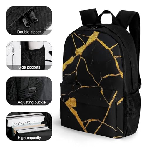 Unisex Gold Black Marble Texture Backpack, Elegant Large Capacity Backpack with Water Bottle Pocket, Adjustable Travel Shoulder Bag for Women Men3