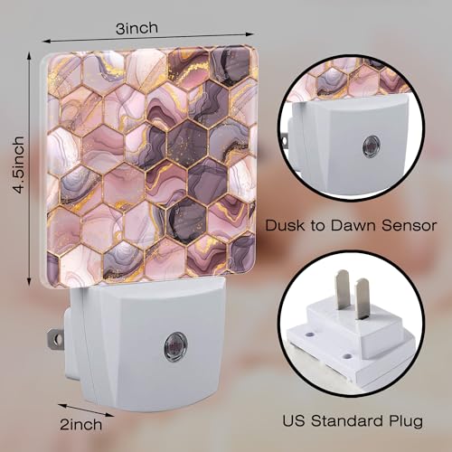 Image of Pink Golden Ink Hexagon Night Light, Abstract Fluid Marble Dusk to Dawn Night Light Plug in,0.5w Energy Saving Sleep Friendly NightLight for Kids Boys Girls Home Decor