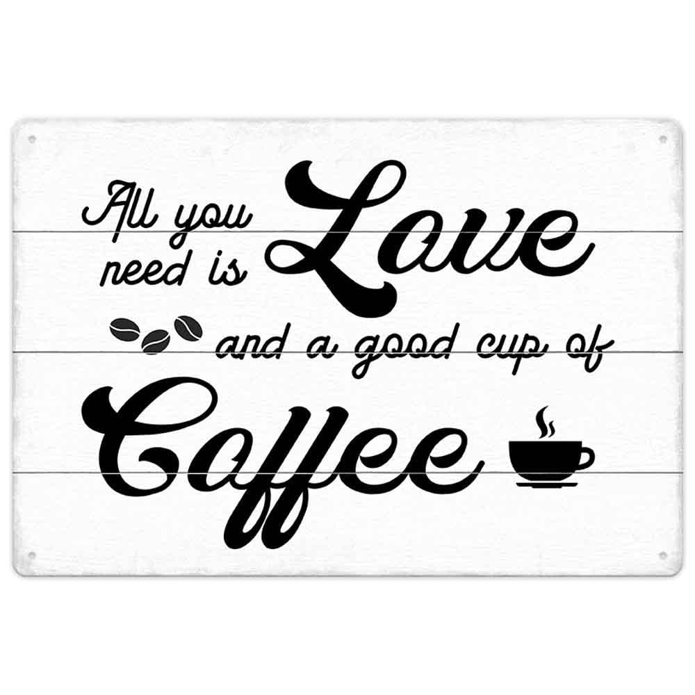 SMAZDFXX Vintage Coffee Sign With Funny Sayings-All You Need Is Love And A Good Cup Of Coffee, Office Home Bar Wall Table Decor Kitchen Counter Decorative, Wood Grain Metal Sign 5.5"x8"
