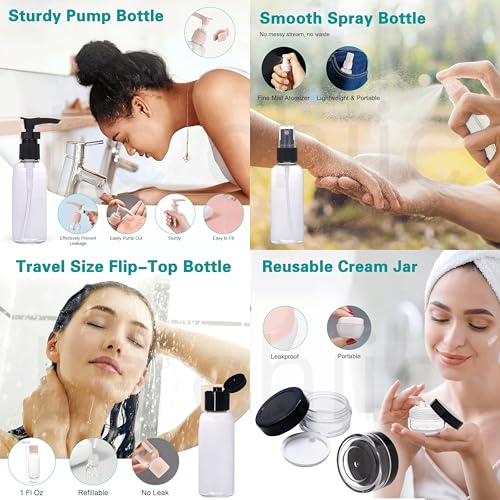 Image of 11-Pcs Leak Proof Portable Toiletry Empty Sprayers Bottle Containers Set | Cosmetic Toiletries Travel Pouch Refillable Spray Bottles Kit for Lotion Body Wash (Black)