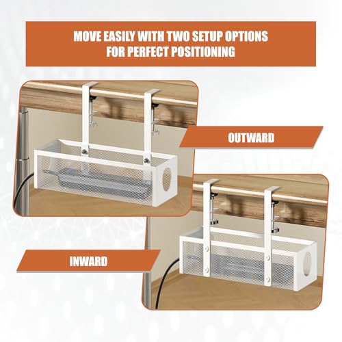 Image of Dyazo Adjustable Under Desk Cord Organizer | Screw Clamp Mesh Tray for Power Extension & Computer Wires | Includes Cable Clips & Tighteners Straps | Perfect Cable Management Holder for Office - White