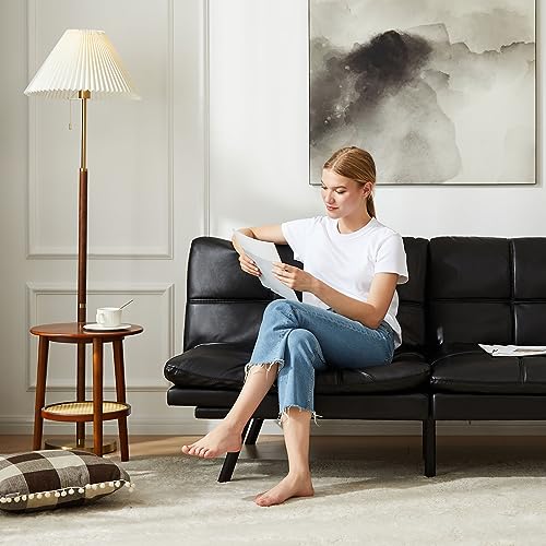 Sweetcrispy Sofa Bed Couch - Leather Loveseat Sleeper Futon for Living Room, Foldable Memory Foam Furniture, Convertible Full Size Sofa, Adjustable Backrest and Armrests, Black