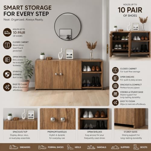 Image of FURNEASER Cosmos 2 Door Shoe Rack Cabinet | Engineered Wood Shoe Storage Organizer | 4 Shelf Shoe Stand Holds 10 Pairs | Space Saving Footwear Rack for Home (Exotic Teak)