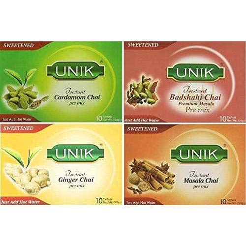 Unik Tea Instant Tea Selection 6 Flavours Multipack | Masala Chai | Ginger Tea | Cardamom Tea | Badshai Chai | Lemon Grass Tea | Karak Chai & Cardamom ( Elachi Flavours )