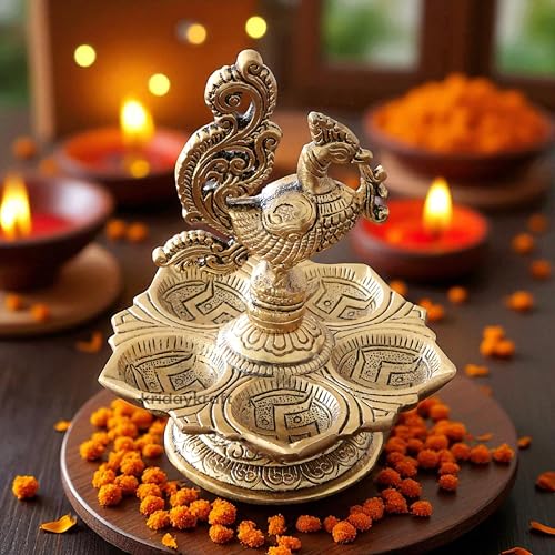 Image of Metal Peacock Oil Lamp Diya, Traditional 5-Wick Diya, 13 cm Height, 160 gm, Antique Gold Finish