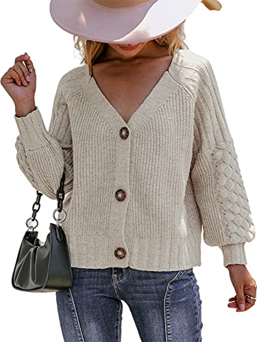 Image of Miessial Women's Button Down Long Sleeve Cardigan Sweaters Chunky Cable Knit Crop Sweater Top