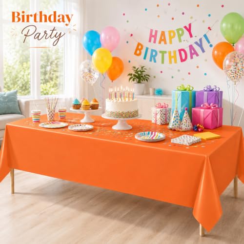 Image of WNINK 2 Pack Orange Plastic Tablecloths, 54 x 108 Inch Disposable Covers | Ideal for Halloween, Thanksgiving, Birthdays and Fall Parties, Helping Protect Tabletops from Spills and Simplify Cleanup