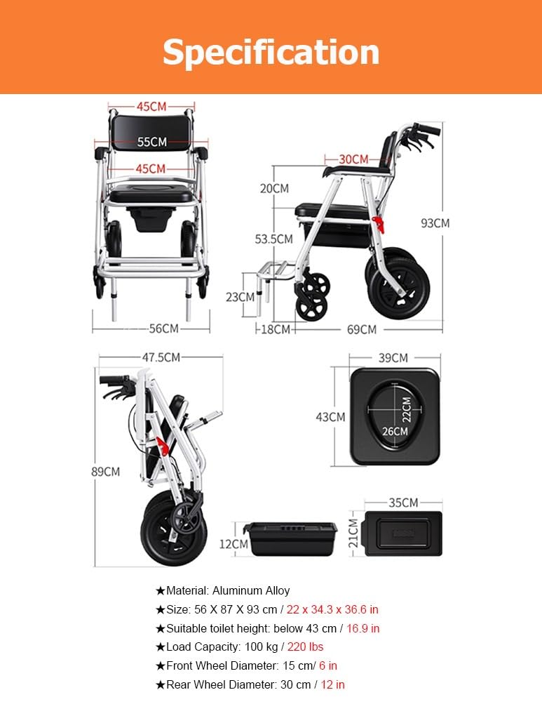 Comodino pieghevole con ruote, sedia da doccia imbottita con ruote e secchio for anziani, disabili, donne incinte(Black)