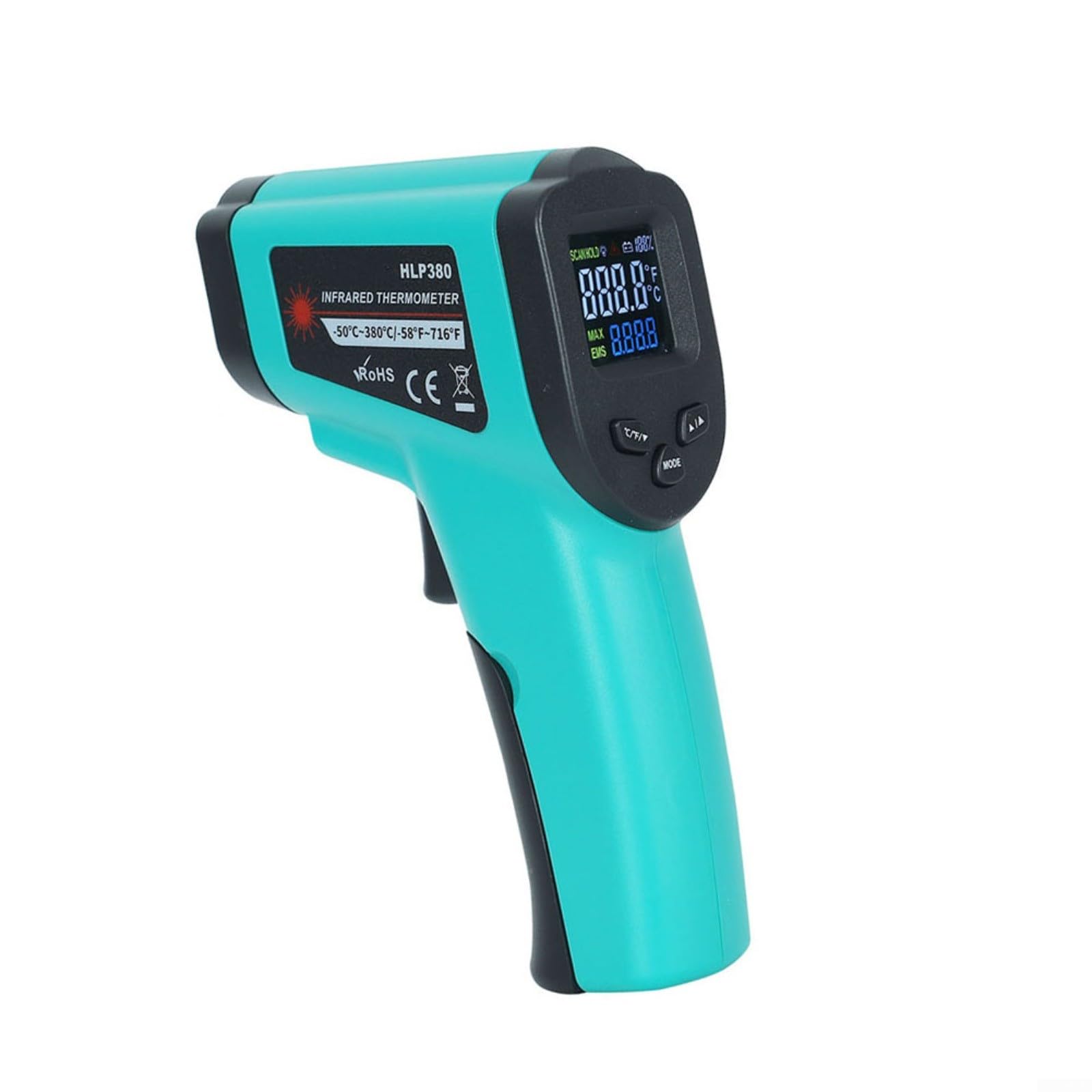 HLP380 Termometro a infrarossi senza contatto -50 °C a 380 °C Misurazione rapida Emissività regolabile Display LCD con retroilluminazione per laboratori industriali e misurazioni HVAC Verde