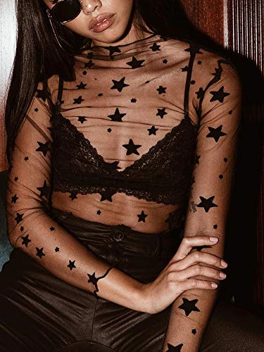Eliacher Women Sexy Clubwear Mesh Sheer See Through Long Sleeve Crop Tops (L, Black StarL)