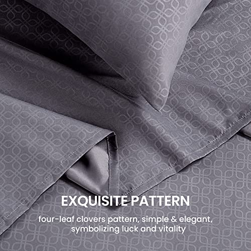 SLEEP ZONE Luxury Embossed Queen Sheets Set, Four-Leaf Clover Pattern Sheet & Pillowcase Sets 4 Piece - Super Soft, Wrinkle Free, Fade Resistant, Deep Pocket 16" (Gray, Queen)