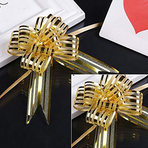 Image of 10 Bow Golden Colour Colour 50 mm Wedding Pull Bow Organza Striped Ribbon String with 35 inch Long Tulle Tails Wedding Party Bridal Gift wrap Wrapping Bows,Gift Bows, Christmas Bows