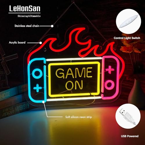 Image of Game On Neon Sign for Wall Decor, Game Console Dimmable LED Neon Light Sign for Switch Room Children's Bedroom Gaming Room Decor Wall Art Birthday Gift Men Cave, USB Powered.