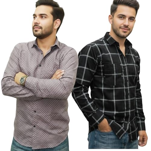 Image of Pack of 2 Men's Cotton Fabric Button Down Full Sleeve Collar Neck Regular Fit Check & Dotted Printed Combo Shirt