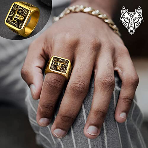 FaithHeart Personalized Norse Viking Rings Wolf Head Signet Ring Charms Size 9 18K Gold Plated Mens Hip-hop Thumb Finger Accessories