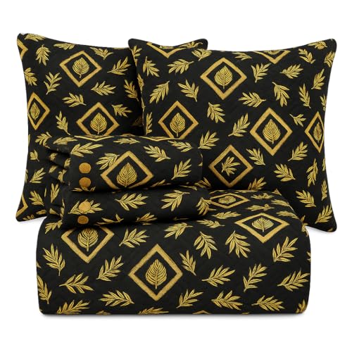 BSB HOME 220 TC 5 Piece Bedding Set with 1 Pc Bedsheet, 2 Pc Quilted Cushion with Zip, 2 Pc Pillow Covers - Heavy Glace Cotton Colour- Floral Black and Beige (90X 100 Inches)