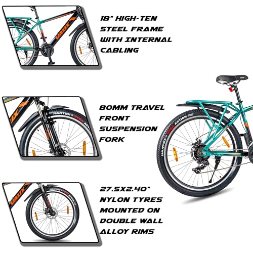 Image of Vaux Stallion-Pro 27.5T Gear Cycle for Men with Carrier, 27.5inch MTB with 21 Speed Shimano Gears, Front Suspension, Dual Disc Brakes, 18 inch Hi-Ten Steel Frame, Double Wall Alloy Rims(Green-Black)