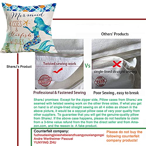 Sharej Mermaid Kisses And Starfish Wishes Pillow Cases Summer Beach Blue Decor Coastal Quote Cotton Linen Home Decorative Throw Pillow Case Cushion Cover For Sea Lover Sofa Couch 18" X 18" (Marine01) #TOP6