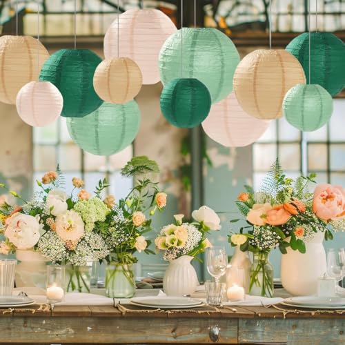 Image of Sage Green Paper Lanterns Decorative 12pcs Party Hanging Decorations for Rustic Party Bridal Shower Wedding Baby Shower Graduation Anniversary Neutral Room Decor