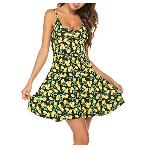 UNibelle Sommerkleid Damen Kurz Kleider Knielang Trägerkleid Leicht Blumen, Zitrone, L