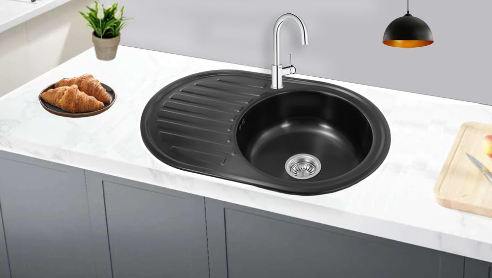 77X50X18 Fregadero cocina negro empotrable de acero inoxidable 304, grosor de material de 0,8 mm, cuadrado, 1 lavabo ovalado;1 seno