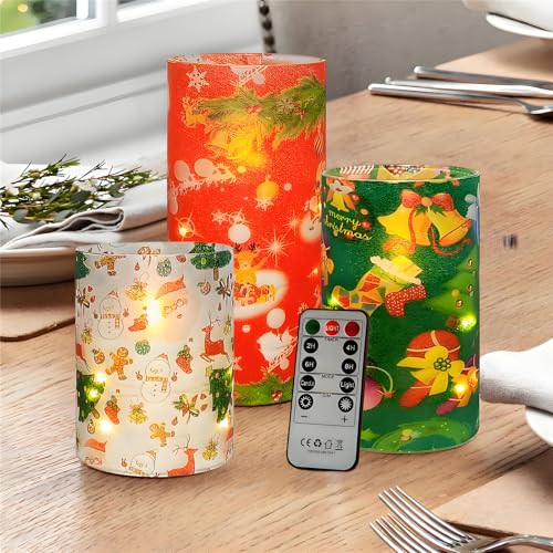 Image of Floral Flameless Candles with String Lights - 3pcs Battery Operated Candle Flickering Christmas LED Pillar Candles with Timer Remote for Home Decor Romantic Ambiance,CH
