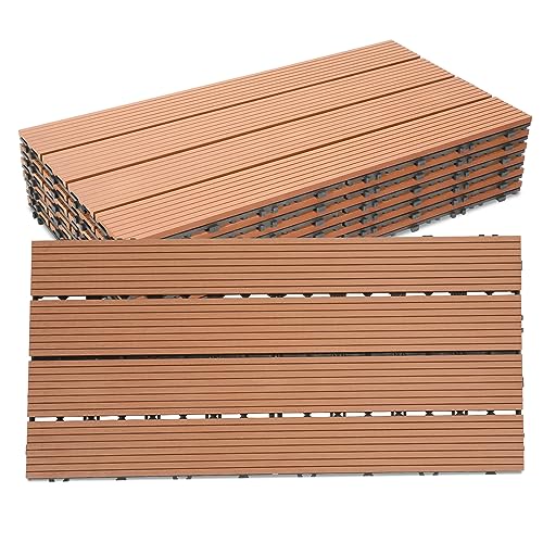 Cecaylie Lot de 18 carreaux de terrasse WPC, marron, 30 x 60 cm - 3 m². Idéal pour l'extérieur, pour balcon, jardin et terrasse, simple, rapide et pratique