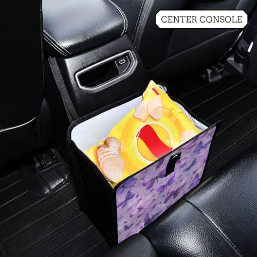 Image of Car Trash Can Organizer Bin with Adjustable Strap for Back Front Seat Console Waterproof Leakproof Collapsible Portable 8.66 Inch Purple Dreamy Butterflies and Stars