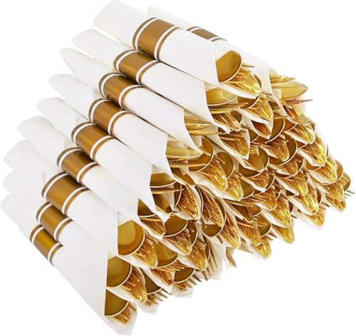 Joyido 50Guests Pre Rolled Gold Plastic Silverware Sets - Heavy Duty Gold Cutlery - Include 50 Pack Wrapped Disposable Utensils with Napkins for Parties Dinners & Weddings
