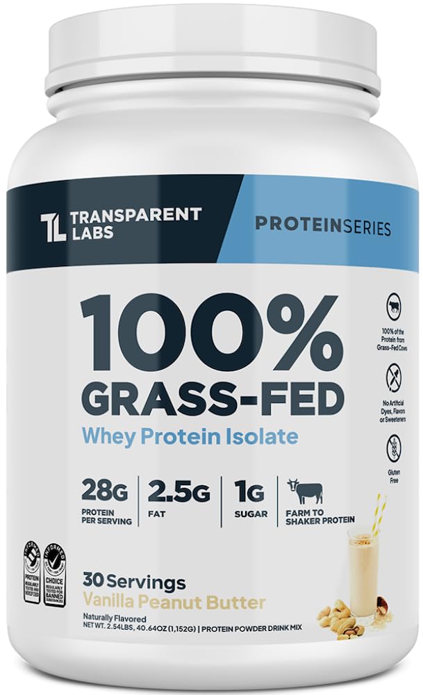 Transparent Labs Grass-Fed Whey Protein Isolate - Naturally Flavored, Gluten Free Whey Protein Powder with 28g of Protein per Serving & 9 Amino Acids - 30 Servings, Vanilla Peanut Butter