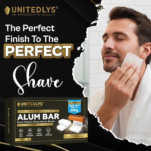 Image of UNITEDLYS Pack of 2 Premium Alum Bar 200G with Travel Case | Natural After Shave Lotion Alternative | Fitkari Stone for Skin Tightening & Water Purification | Crystal White Alum Stone Bar for Underarms & Shaving | Gentle & Effective Phitkari