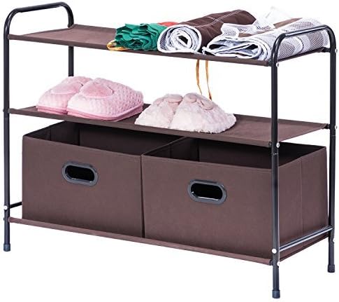MaidMAX 3 Tiers Closet Shelf Storage Organizer with 2 Cube Storage Organizer Bins and Shoe Rack Storage Organizer for Toys, Clothes, Shoes, Brown