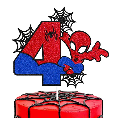 Spider-man 4th Birthday Cake Topper Spider men Cartoon Movie Themed Happy 4s Birthday Cake Decorations for Men Boy Children Four Bday Party Supplies Double Sided Glitter Black DÃ©cor