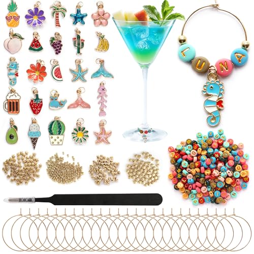 Acootima DIY Wine Glass Charms Kit with 300 Letter Beads 25 Set Personalized Reusable Drink Marker Tags Glass Identifiers for Summer Wine Tasting Party Unique Hostess Gifts & Party Decorations