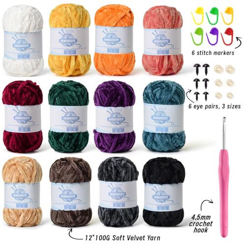 Image of 12 Pack 590 yds Chunky Chenille Yarn for Crocheting and Hand Knitting with Black Red White Green Orange Blue Plush Velvet Yarn，Baby Blanket Yarn for Crocheting Soft Amigurumi Yarn D