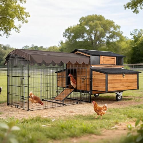 MEDEHOO Large Chicken Coop with Run Mobile Chicken House with Wheels and All-Around Iron Frame Chicken Tractor Poultry Cage for 6-8 Chickens Nesting Box Metal Pull-Out Tray