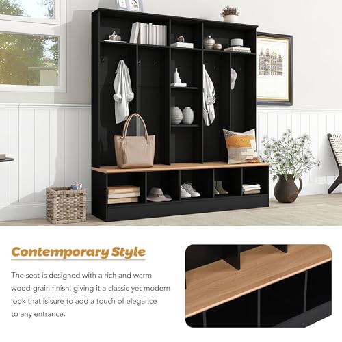 Image of Ball & Cast Wide Hall Tree with Storage Bench, 4-in-1 Entryway Shoe Cabinet with Cube Storage & Open Shelves, Coat Rack with 8 Hooks, Modern Minimalist Mudroom Organizer, Black