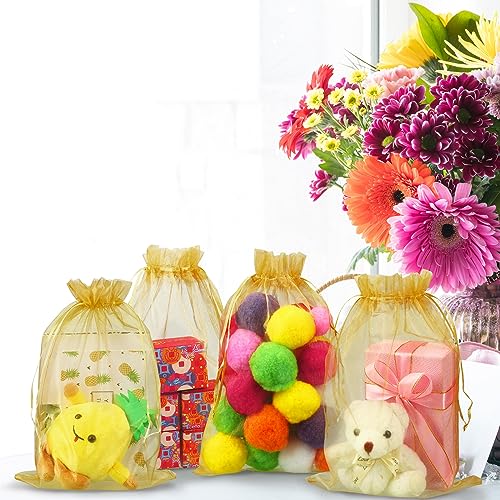 Image of Windyun 100 Pcs Gold Large Organza Bags Bulk 12 x 8 Inch Sheer Mesh Drawstring Gift Packaging Pouch Bags for Christmas Wedding Game Party Favor Supplies