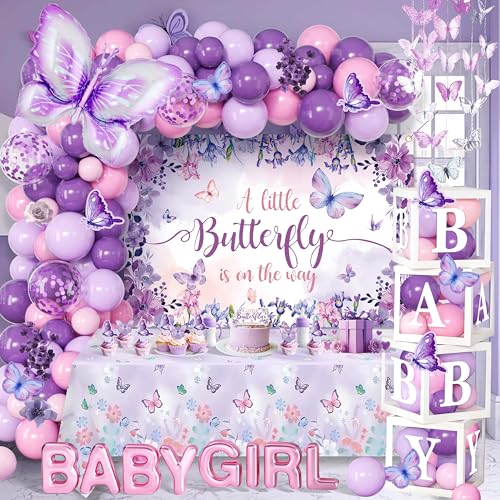 Purple Butterfly Baby Shower Decorations for Girl - Lavender Pink Party Supplies Include Balloon Garland Arch Backdrop Table Cover 4 Boxes Foil Balloons - A Little Butterfly is on the Way