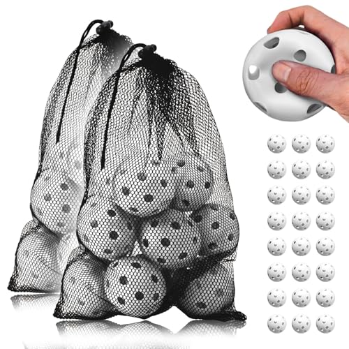 KaRaDaStyle 野球 練習用 ボール 穴あきボール バッティング トレーニング 野球ボール 練習 子供 柔らか EVA素材 直径72mm 収納袋付き (ホワイト/24個セット)