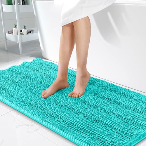 Image of OLANLY Thick Bathroom Runner Rugs 47x24, Extra Absorbent Chenille Striped Bath Rugs, Rubber Backing, Machine Wash Dry, Long Bath Mats for Bathroom Floor, Tub and Shower, Home Decor Accessories, Teal