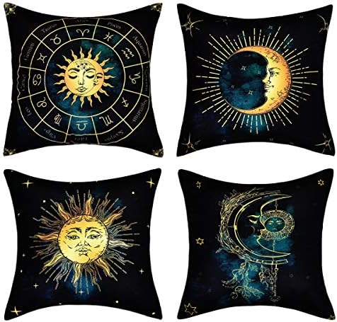 BLEUM CADE Sun and Moon Throw Pillow Cover Burning Sun and Constellation Pillow Cover Set of 4 Mystic Pillowcase for Sofa Couch Bed Car Office (Black Yellow, 18 x 18 Inch)