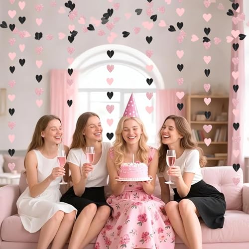 Image of Rose-Gold Pink and Black Birthday Decorations Streamers - 39FT Baby Girls Hanging Heart Garland Banner Christmas Wedding Engagement Bachelorette Bridal Shower Backdrop Graduation Decor