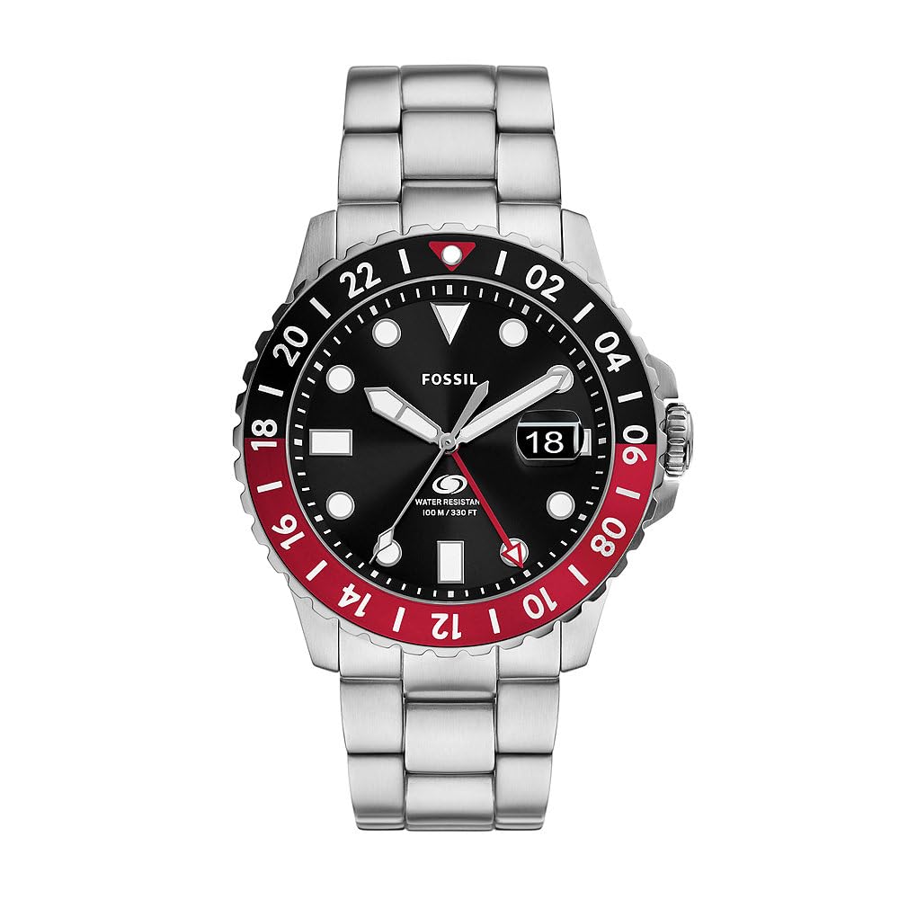 Fossil Men's Watch Blue Gmt, Three Hand Date Movement, Stainless Steel with a 46mm Case Size and Silicone Strap