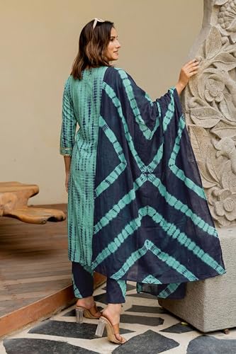 Image of MIRCHI FASHION Pure Cotton Women Straight Embellished Ajrakh Print Kurti Set with Dupatta and Pant