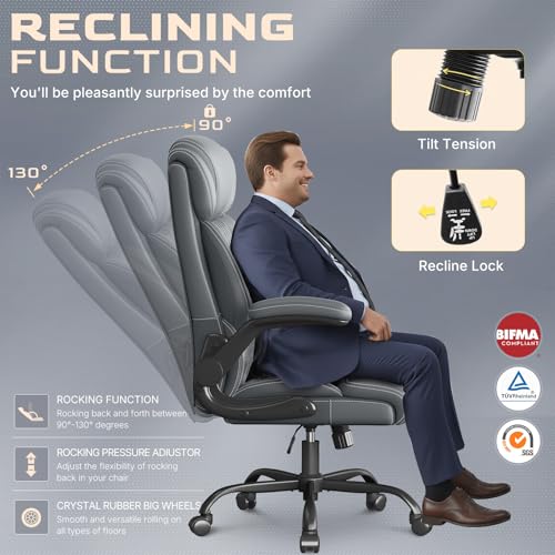 Image of Office Chair-Executive High Back Breathable Big and Tall Office Chair Flip-up Armrests Lumbar Support-Ergonomic Leather Rolling Swivel Chair with Rock Function for Working Studying Gaming,4 Pack